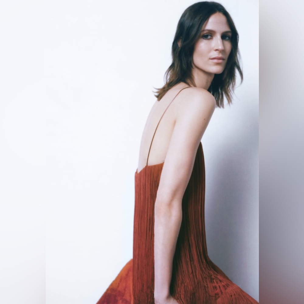Zara STRAPPY FRINGED brown midi DRESS sz.XS-S - Picture 10 of 15